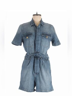 FRAME Maxson Pleated Denim Tie-Waist Coverall Romper - Size Large